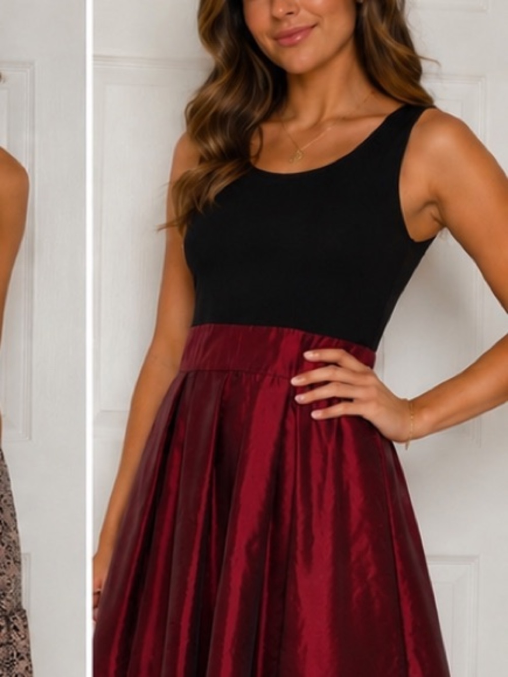SL Fashions Black and Wine Red Satin-Trim Midi Dress